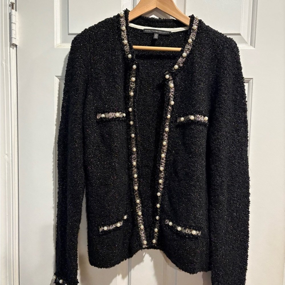 White House Black Market open sweater cardigan pearls shimmery black M